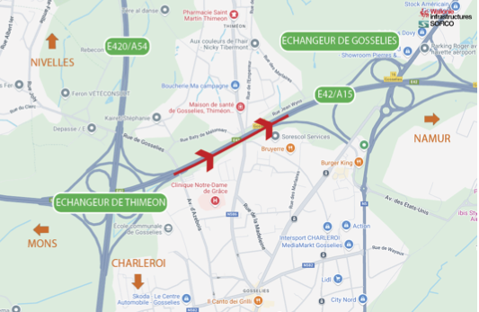 Gosselies : Des travaux sur l'autoroute E42, modifie la circulation sur le Faubourg de Bruxelles