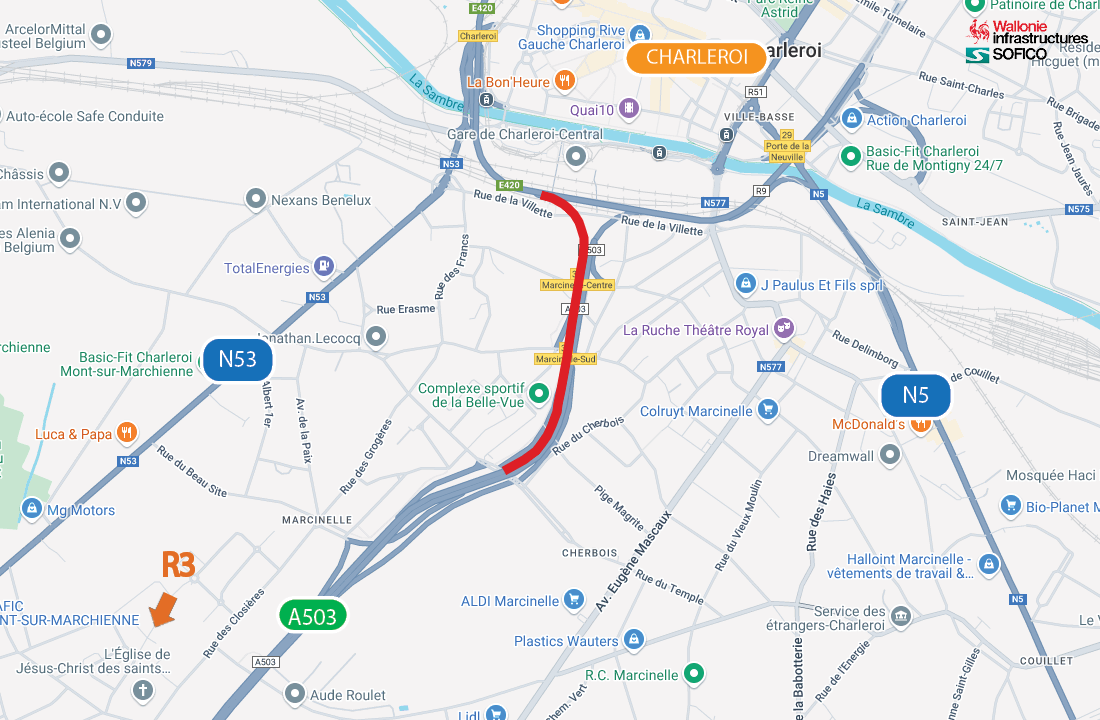 Fermeture de l’A503 en direction du R3 à Charleroi, pour le chantier du nouvel échangeur derrière la gare