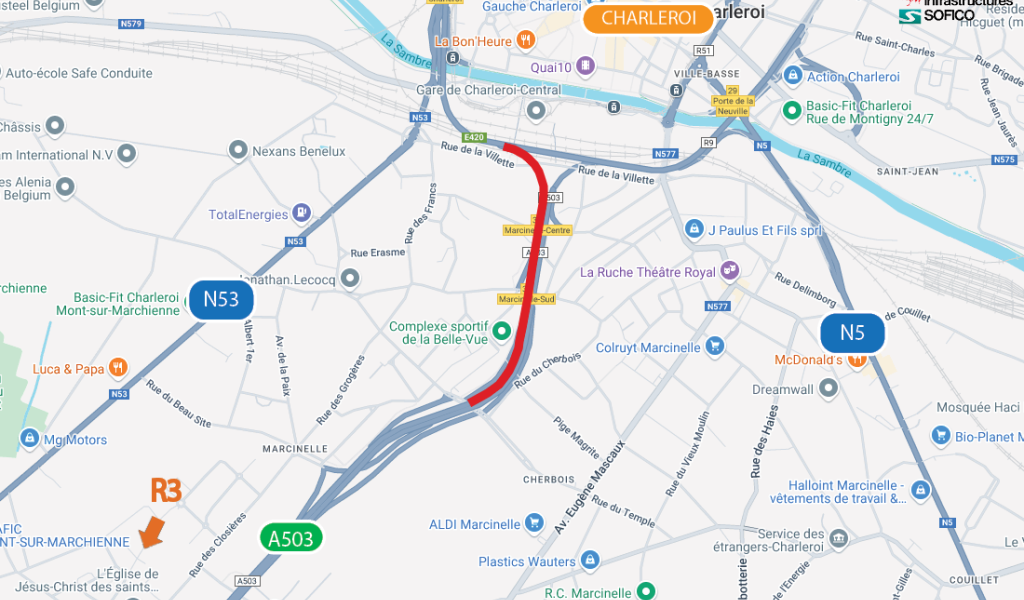 Fermeture de l’A503 en direction du R3 à Charleroi, pour le chantier du nouvel échangeur derrière la gare